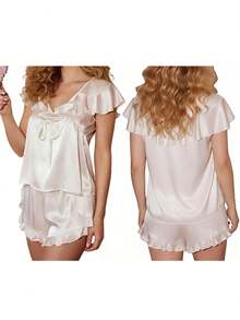 Women's Summer Pajamas Set Stylish Bow Ruffled Trim V Neck Flutter Sleeve Tops With Shorts Lounge Wear 2 Pcs Set - 乳白色 - 查看 5
