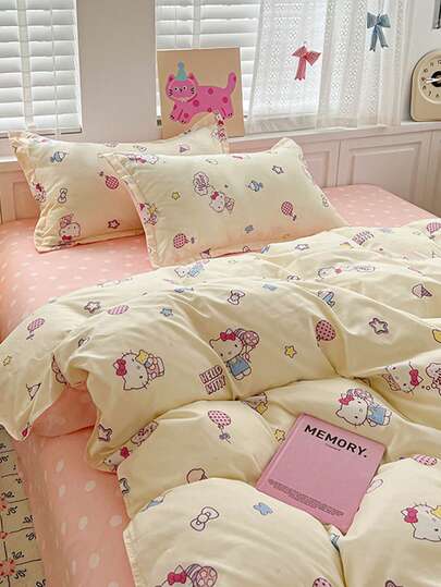  Bộ chăn ga gối 4 món in hình Hello Kitty dễ thương - (1 vỏ chăn + 1 ga trải giường + 2 vỏ gối, không kèm ruột chăn) Mềm mại và thoải mái, 100% polyester, phù hợp cho ký túc xá, phòng ngủ gia đình, khách sạn, mọi mùa, có khóa kéo và vỏ gối, nhiều màu sắc.