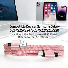 USB A 转 Type C 数据线 3A 快充[3.3 英尺/6.6 英尺/10 英尺] USB-C 快充尼龙编织线 兼容三星 Galaxy S26 S25 S24 S23 S22 S21 S10、Note 20 10 9 A51 G8 G7、Pixel 及其他 USB-C 设备 - 粉色 - 查看 7