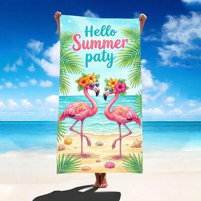 1条火烈鸟图案沙滩巾，超柔软超细纤维特大号沙滩毯，超强吸水浴巾，适用于沙滩、泳池、旅行、露营、瑜伽