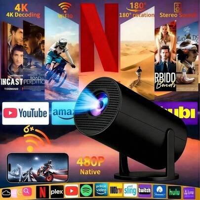 迷你智能投影仪，配备现代智能系统，支持本地 360P 高清和 4K 解码 | 支持 WiFi、无线 5.0、自动梯形校正、内置应用程序，兼容 /安卓/电视棒，适合观影、露营和游戏。