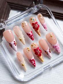 10片长尖头手工按压式美甲贴纸，Y2K风格假指甲，玳瑁纹，贝壳法式贴片，3D立体花卉雕刻，春夏亚克力手工假指甲，适合女性日常、度假和旅行美甲装饰，包含果冻凝胶和指甲锉。 - 彩色 - 查看 3