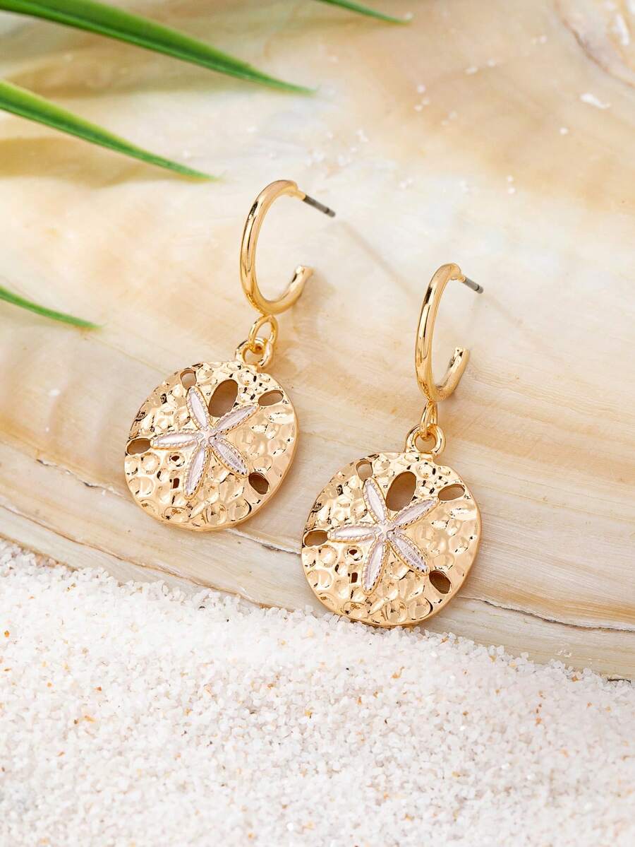 1 Pair Gold Plated Starfish Beach Earring For Women - Sand Dollar Dangle Earrings - Summer Vacation Ocean Jewelry - Golden Starfish Earrings - View 1