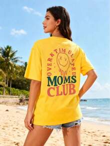 1pcsWomen's Summer Overstimulation Mom Club Graphic Print Round Neck Short Sleeve Simple Casual Everyday Black Plus Size-Shirt Tops, Mom Birthday Grap - 黃色 - 查看 12