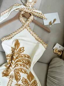 Đầm ngắn gợi cảm in hình cây cọ nhiệt đới, thắt dây chéo phía trước, thích hợp cho kỳ nghỉ hè 2026 trên bãi biển. - trắng - Xem 5