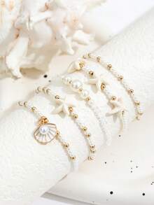 5pcs Bohemian Style CCB Beaded Starfish Stretch Bracelet Set, Faux Pearl & Shell Starfish Multi-Layer Bracelet For Women - Gold - View 4