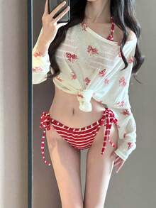 Women Tankinis - Red Stripes + White Coat - View 7
