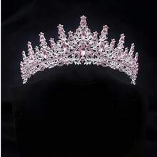 Set de joyería nupcial de 3 piezas con corona de lujo con rhinestones, conjunto de collar y aretes con corona de diamantes rosas estilo princesa, adecuado para boda/fiesta - Rosa - Ver 9