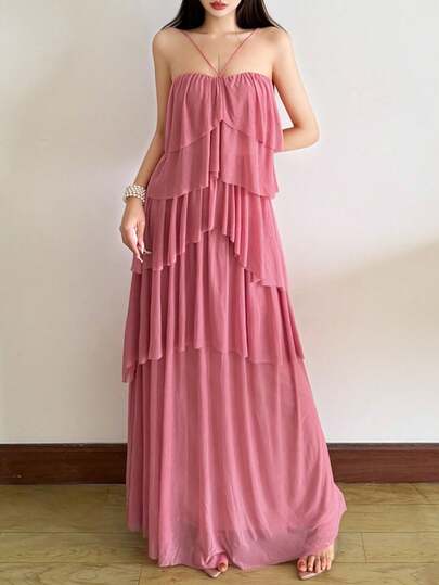 YeonC 女士优雅无袖连衣裙，针织面料，A字版型，多层流苏设计，高弹力，适合派对场合