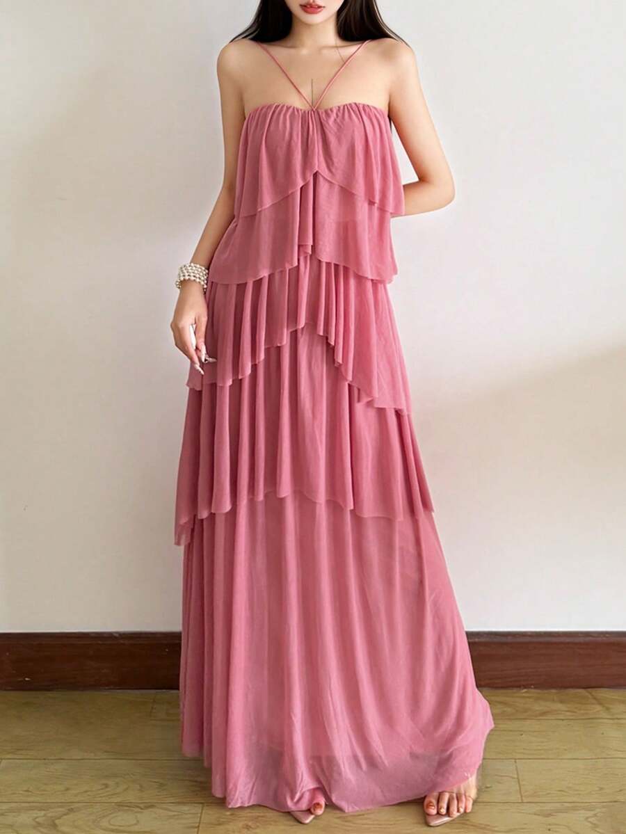 YeonC 女士优雅无袖连衣裙，针织面料，A字版型，多层流苏设计，高弹力，适合派对场合 - 藕粉色 - 查看 1