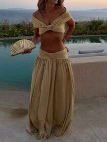 PoPoHouse 女士优雅两件套性感露肩褶皱短款上衣和高腰飘逸长裙，适合夏季海滩度假、派对、婚礼宾客外出穿着，浅黄色两件套 - 淺黃色 - 查看 7