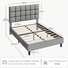 4ft6 Double Upholstered Platform Bed - Adjustable Square Tufted Headboard, Linen Fabric With Sturdy Wooden Slat Support, Beige (No Box Spring Needed) - Light Grey - View 2
