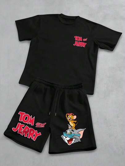 Strevion OBM Men X TOM & JERRY Bộ đồ nam mùa hè in hình Tom & Jerry gồm áo thun ngắn tay và quần short, kiểu dáng thường ngày.