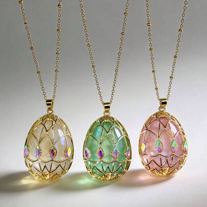 彩虹色树脂复活节彩蛋造型吊坠项链，镀金精致锁骨链，时尚节日礼物，女士饰品