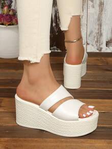 Women's Thick Sole Wedge Slippers, Fashion Outdoor Versatile Comfortable Lightweight High Heel Sandals For Summer - White - View 3