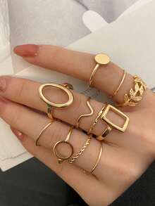 11pcs Geometric Leaf Design Ring Set, Creative Knuckle Rings Combination, Unique Design For Women - Gold - View 1