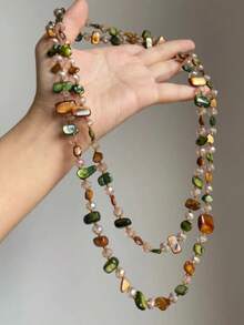 1pc Vintage Asymmetrical Mixed Stone & Shell Layered Long Necklace, Bohemian Creative Unique Double-Strand Necklace, Suitable For Travel & Holiday Wear - Necklace - View 1