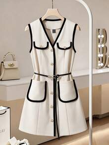 Elegante chaqueta sin mangas, con diseño de estampado de pata de gallo otoñal, con cinturón y botones delanteros, adecuada para fiestas, vacaciones, salidas casuales y vacaciones - Albaricoque - Ver 1