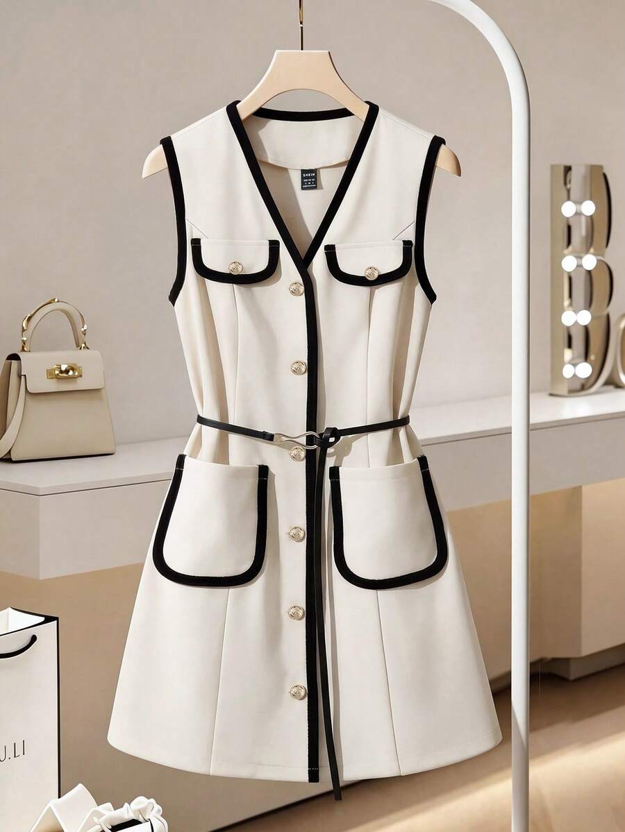 Elegante chaqueta sin mangas, con diseño de estampado de pata de gallo otoñal, con cinturón y botones delanteros, adecuada para fiestas, vacaciones, salidas casuales y vacaciones - Albaricoque - Ver 1