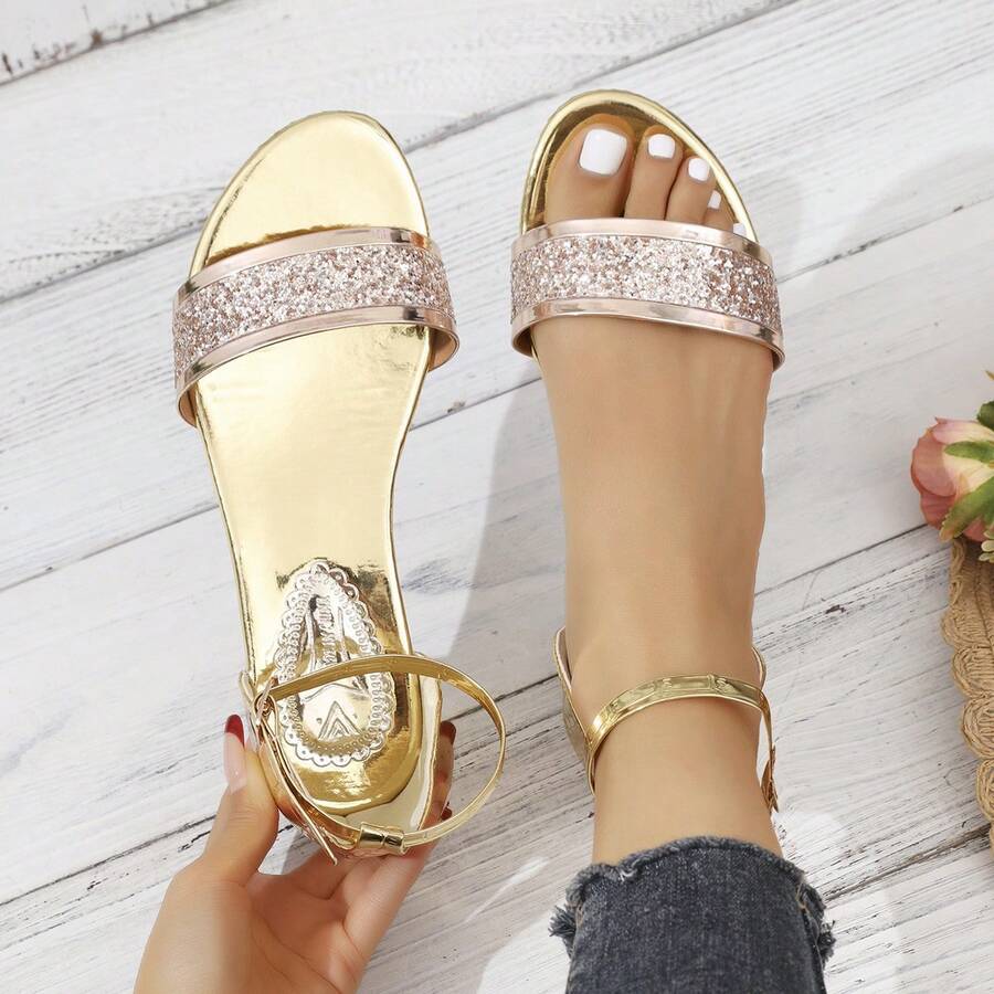 Summer New Gold Chunky Heel Women's High Heel Sandals, Colorblock Sequin Square Toe Shoes, Mirror Rhinestone Heel Strap Slides, Versatile For Vacation & Work, Comfortable Soft Non-Slip Outdoor Sandals With Buckle - Champagne - View 1