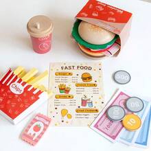 儿童汉堡和薯条仿真食物套装，木制模拟厨房玩具，适合男孩女孩生日节日礼物 - 彩色 - 查看 11