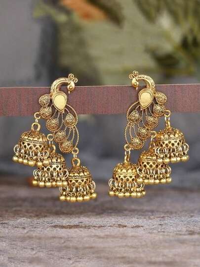 1对复古孔雀铃铛耳环