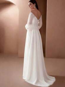 Women's Solid Color Off Shoulder Lantern Sleeve Casual Wedding Dress Spring White - Navy Blue - View 6