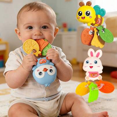 Baby Teething Rattle Toys, Help Develop Infant's Hand-Eye Coordination, Adorable Cartoon Designs Like Bee, Penguin And Rabbit, Perfect Gift For Newborn Baby Boys And Girls
