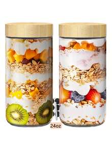玻璃罐、隔夜燕麦罐（带盖）、玻璃厨房储物罐、燕麦片罐（带盖）、玻璃储物罐、密封食品容器（带木盖）、玻璃杯、食品储物容器、调料罐、燕麦片杯、酸奶杯、早餐杯、麦片罐、沙拉杯；可用洗碗机清洗；适用于酸奶、沙拉和麦片 - 彩色 - 查看 10