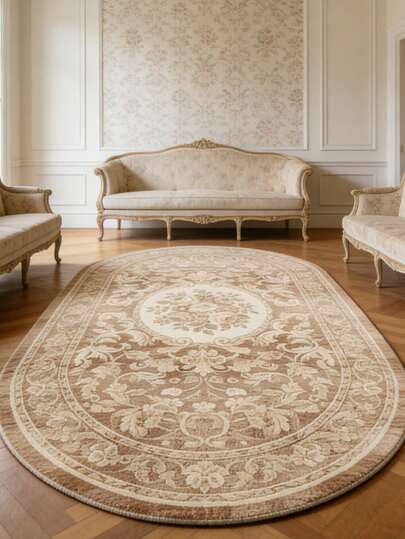 1 tấm thảm trang trí hình bầu dục kiểu retro in họa tiết hoa, thích hợp cho phòng khách, thảm trải sàn, có thể giặt được.