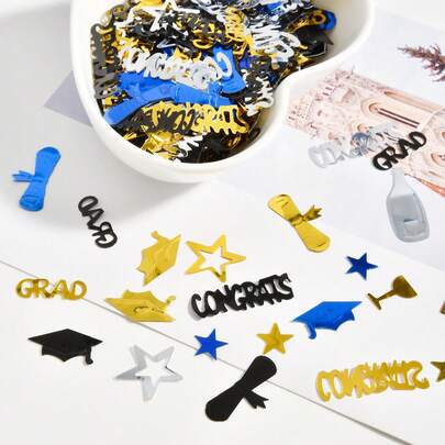 Giấy vụn trang trí tốt nghiệp màu xanh dương, vàng và đen 2026 (15/30/50g), Giấy vụn chúc mừng tốt nghiệp, Trang trí bàn tiệc tốt nghiệp năm 2026, Trang trí tốt nghiệp màu xanh dương và vàng.