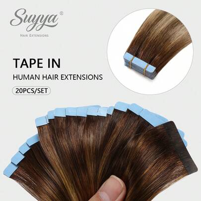 Tóc nối SUYYA không đường nối, keo dán, làm từ 100% tóc thật Remy chất lượng salon, màu nâu Balayage Ombre vàng bạch kim điểm xuyết nâu hạt dẻ, chất lượng cao dành cho nữ.