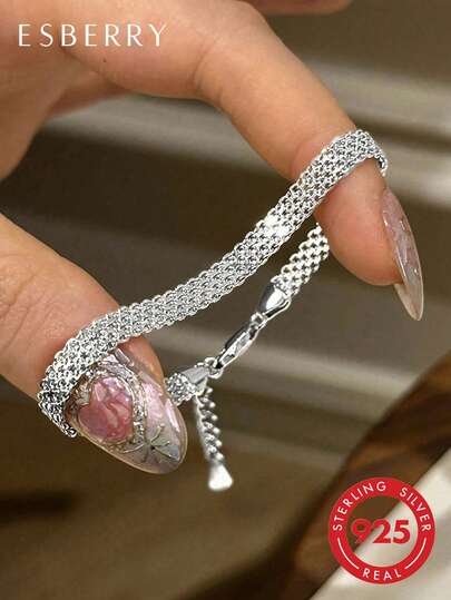 ESBERRY 1pc 925 Sterling Silver Lace Satin Bracelet, Luxury Women's Everyday Accessory, Elegant & Versatile, Suitable For Valentine's Day, Birthday, Party And Daily Wear