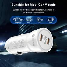 Fast Charging Mobile Phone Car Charger 60W PD 3.0 Fast Car Charger 2 USB-C Ports With 1m/2m Charging Cable Compatible With IPhone Series And Other Mobile Devices Type-C PD Fast Charging Car Adapter Battery Not Included Memorial Day Summer Kickoff - White + 1M/2M Data Cable - View 3