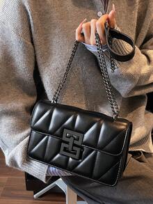 1pc Fashion New PU Square Bag Solid Color Versatile Chain Shoulder Bag For Women - Black - View 5