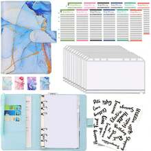 A6活页信封式省钱挑战活页夹，大理石纹PU皮革笔记本，6孔现金预算计划本，皮革现金信封，带拉链信封的省钱挑战活页夹 - A6 - 查看 16