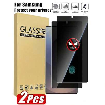 Bộ 2 miếng dán màn hình cường lực chống trầy xước và chống sốc, bảo vệ riêng tư, phù hợp với các dòng điện thoại Galaxy S26 Ultra, S26 Plus, S26, S25 Ultra, S25 Plus, S25 và S24 Ultra. Dễ dàng lắp đặt, chống bám vân tay, bảo vệ riêng tư, tương thích với ốp lưng điện thoại. Hỗ trợ mở khóa bằng vân tay.