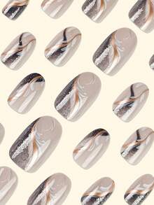 24 móng tay giả dán ngắn hình oval kiểu Pháp, móng màu bạc Y2K, họa tiết lông vũ, móng acrylic dán tái sử dụng, phụ kiện làm móng giả, tặng kèm 24 miếng dán gel và một dũa mini. - Bạc - Xem 3