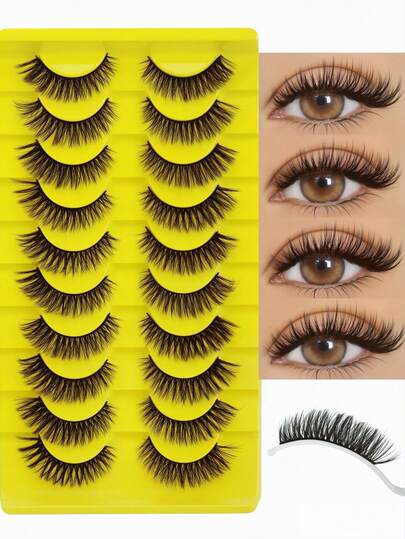 10 Pairs Cat Eye Effect False Eyelashes, Fluffy & Soft Black Lash Strands, Delicate & Natural, Dense Faux Mink, Full Strip Fake Lashes
