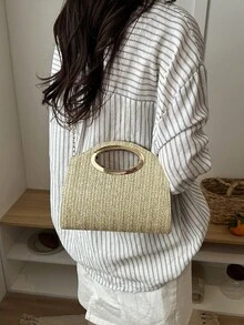 女士编织圆形手柄斜挎包，波西米亚海滩风手提包，配金色链条肩带，夏季度假及派对手拿包 - 卡其色 - 查看 3
