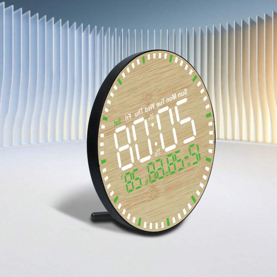 Reloj electrónico LED con diseño de bambú, reloj de escritorio con control remoto, visualización de la hora, adorno de mesa, reloj electrónico con pantalla digital. - negro - Ver 1