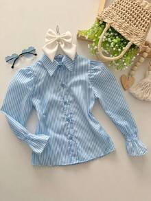 Stylish Girls' Long Sleeve Button-Down Shirt In Cotton Fabric - Blue and White - View 3