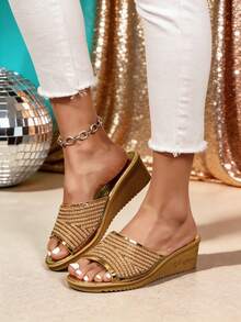 1 Pair Women's Elegant Gold Pearl And Rhinestone Open Toe Wedge Platform Sandals, Bling Slip On Slides For Summer Vacation And Dressy Occasions - الذهبي - مشاهدة 2