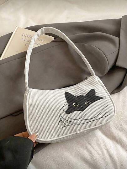 可爱治愈系手绘猫咪图案腋下包，复古灯芯绒单肩包，法式小众法棍手提包，复古风格，日常通勤，约会，购物，百搭，时尚实用