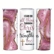 1pc 20oz Stainless Steel Tumbler, 'I Can Do All Things Through Christ' Bible Verse Design With Pink Geode And Golden Glitter, With Lid And Straw, Keep Hot 6H Ice Drinks 12H, Christian Kitchen Accessories, Inspirational Gift For Faithful Women - 白色 - 查看 2