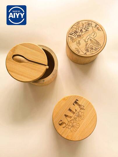 1 hộp đựng muối và gia vị bằng tre có nắp xoay từ tính và thìa, hộp đựng bằng tre để đựng muối, tiêu, gia vị, đường, dung tích 6oz.