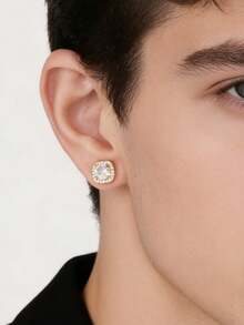 2pcs Micro-Inlaid Cubic Zirconia Square Earrings, Fully Paved Diamond-Like Stud Earrings, Fashionable Hiphop Ins Style Daily Wear Jewelry For Men - Yellow Gold - View 3