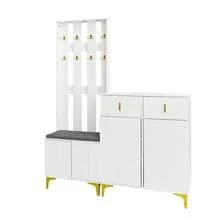 Wardrobe Set With Bench And Shoe Cushion, Wardrobe Front With Hooks, Shoe Rack With Drawers And Doors [OLD SKU: WF32579234B] - White - View 9