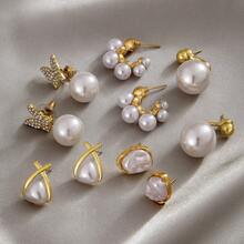 10pcs Vintage Luxury Faux Zirconia Pearl Earrings, Assorted Styles - Gold - View 7