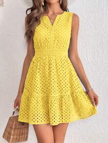 Women's Summer Dress Sleeveless V Neck Eyelet Cutout Swinging A-Line Flowy City Walks Wedding Guest Graduation Beach Vacation Sun Dress Yellow Dresses For Women - Màu vàng - Xem 3